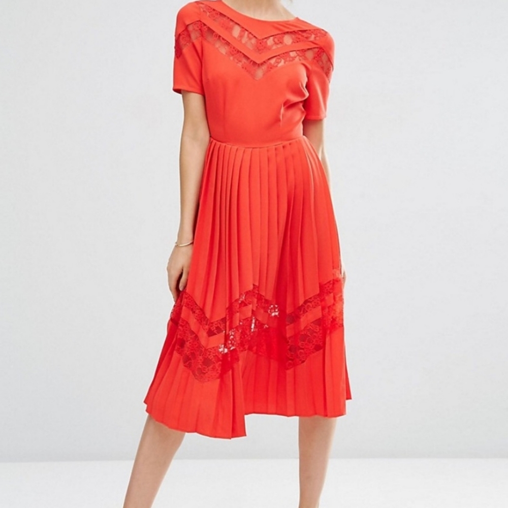 ASOS Red Lace Pleated Dress